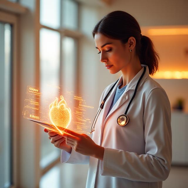 Clinician viewing AI-enhanced medical data on a tablet in a soft-lit London clinic